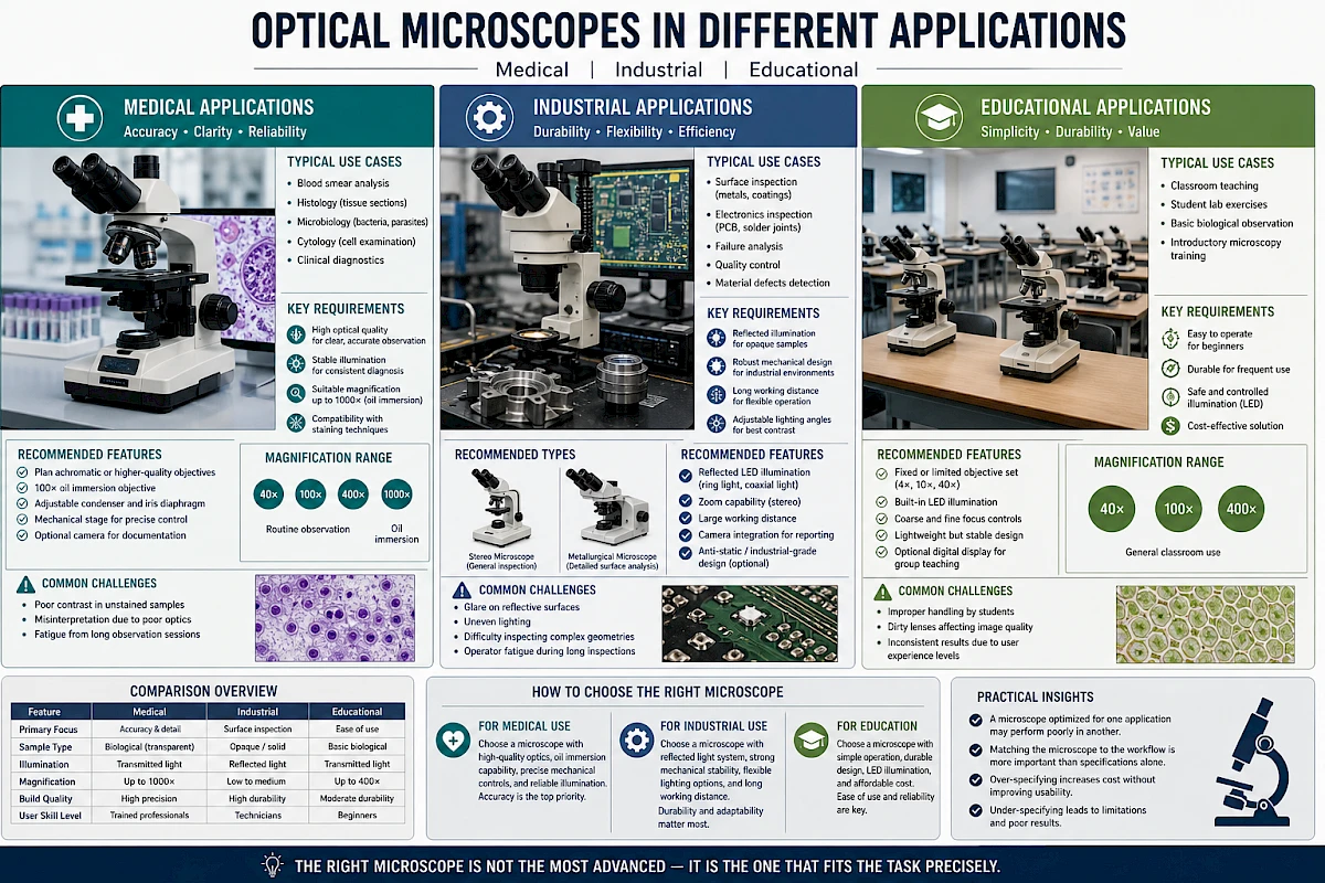 Optical Microscopes in Different Applications: Medical, Industrial, and Educational Use Cases