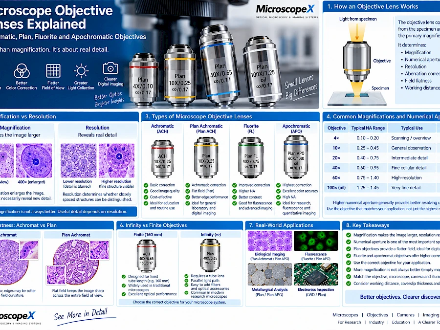 Microscope Objective Lenses Explained: Achromatic, Plan, Fluorite and Apochromatic Objectives